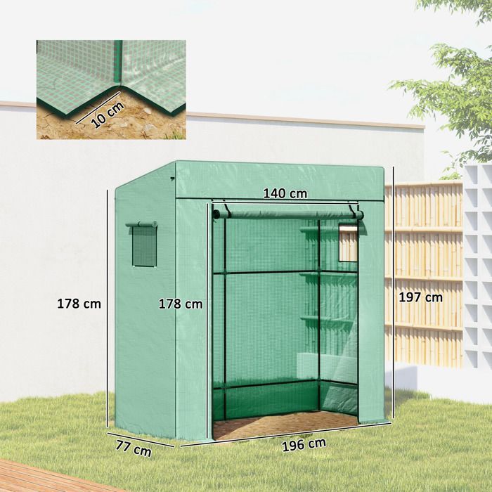 Tuinkas - Outsunny - balkonkas met versterkte hoes van 140 g/m², deur met ritssluiting, 2 ramen - staal - 196x77x197cm - groen