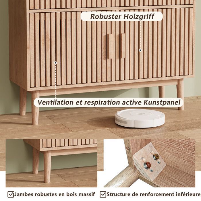 Buffet - Design Moderne - Bois Massif - 2 Portes - 2 Tiroirs - Sécurité Enfant