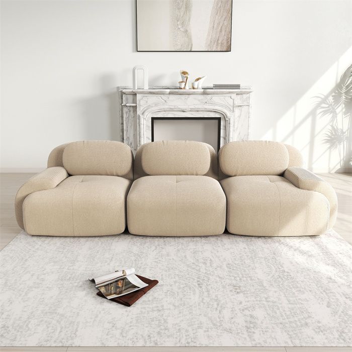 Sofá modular DRIPEX de 3 lugares em veludo cotelê, sem necessidade de montagem, com apoios de braço ergonômicos, totalmente comprimido, bege.