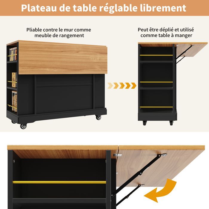 Buffet Îlot  de Cuisine , Armoire de Salon Multi-rangements,2 Portes 2 Tiroirs,Plan de Travail,Desserte Chariot à Roulettes ,Noir