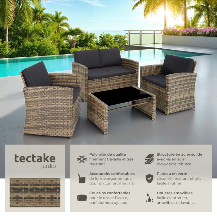 Salon de jardin - TECTAKE - Ensemble lounge d'extérieur JESOLO canapé et 2 fauteuils 4 places avec table - Marron Naturel/Gris Foncé