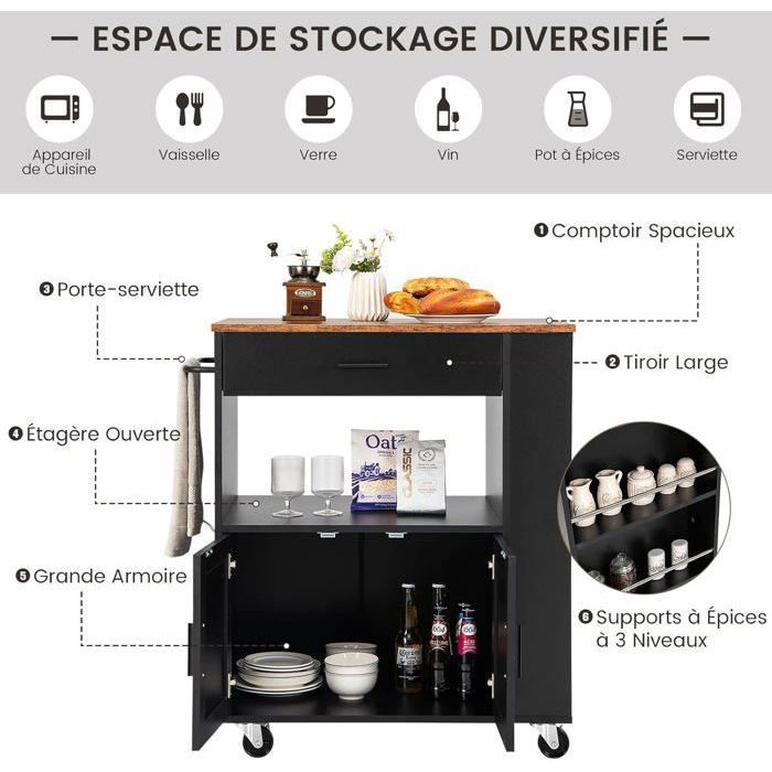 Carrito de cocina COSTWAY con ruedas (2 con cerradura) 82x46x92cm, isla de cocina con 3 especieros, color negro.