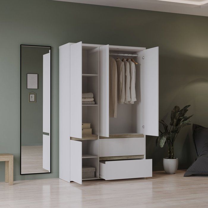 Armario de dormitorio - CLYDE - Acabado en blanco y roble - 4 puertas batientes - 138,2 x 50 x 220,5 cm - DEMEYERE