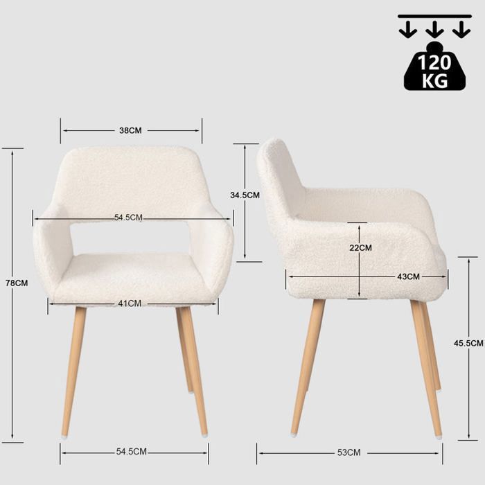 MUEBLES ACOGEDORES Juego de 2 sillas de comedor escandinavas con reposabrazos en tela de piel de oveja beige con bucles - CROMWELL