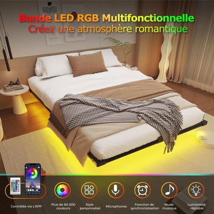140 x 190 cm Bed Frame with Metal Slatted Base - NHHF - with LED and USB - 21 cm Under-Bed Storage for Bedroom - Double Bed