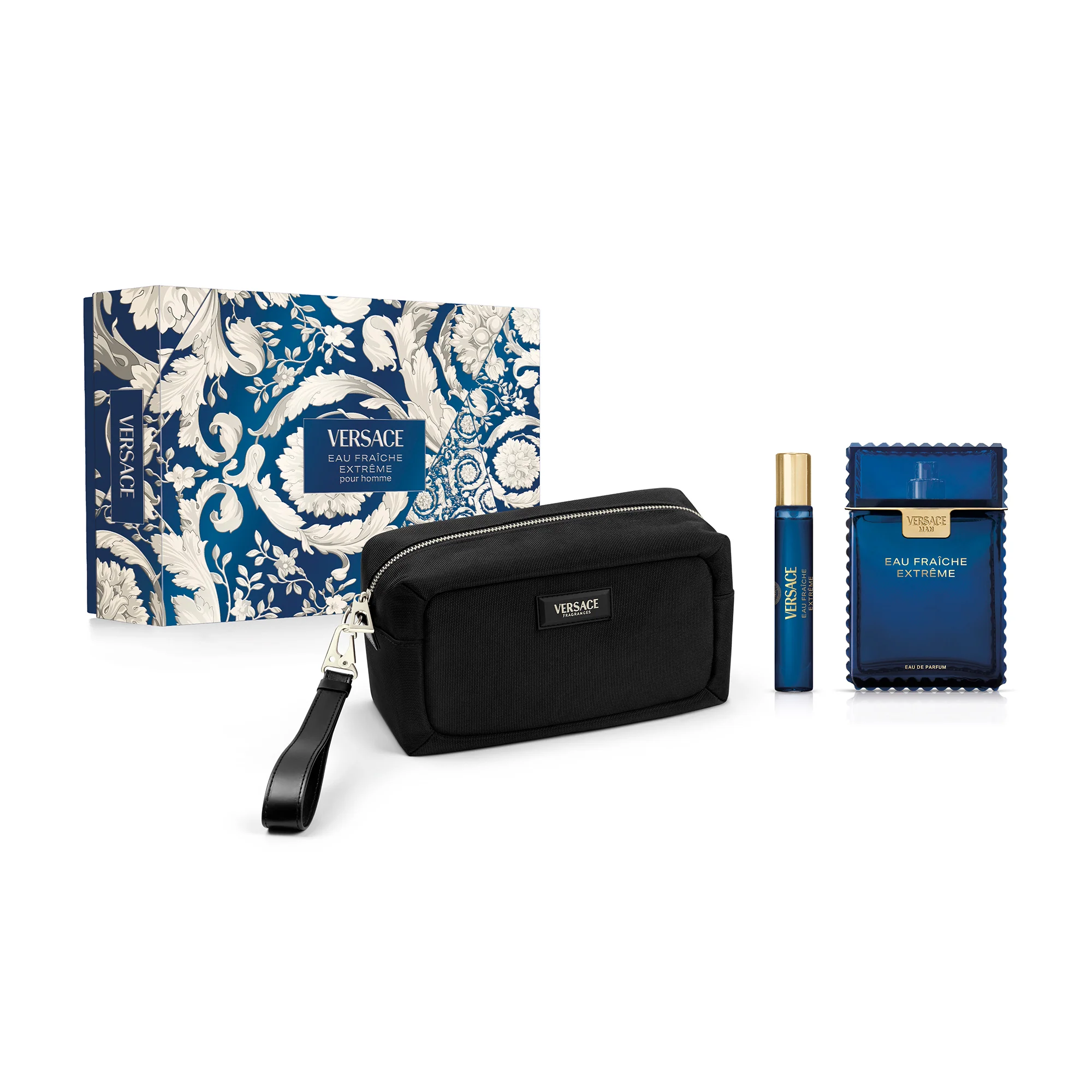 Versace Men Eau Fraiche Cofanetto Regalo Eau Fraiche Extrême Eau De Parfum + Travel Spray +Trousse - Cofanetto Profumo Uomo, Eau de Parfum