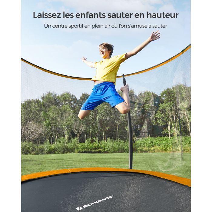 Cama elástica SONGMICS de Ø 366 cm con escalera y red de seguridad, color negro y naranja.