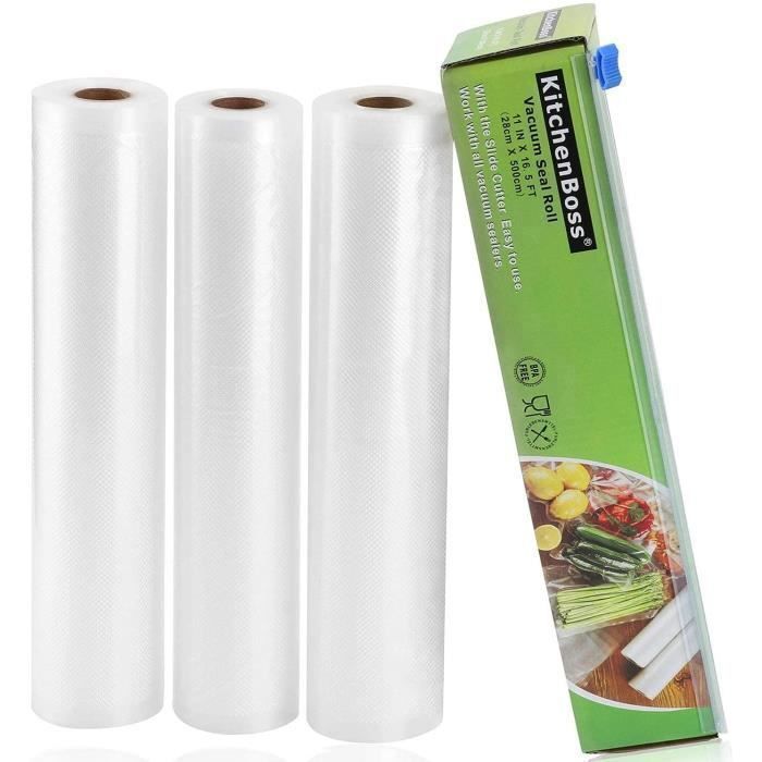 Voedselvacuümzakken, vacuümzakken op rol met 1 snijdoos voor vacuümsealer, KitchenBoss 3 rollen 28 cm x 5 m