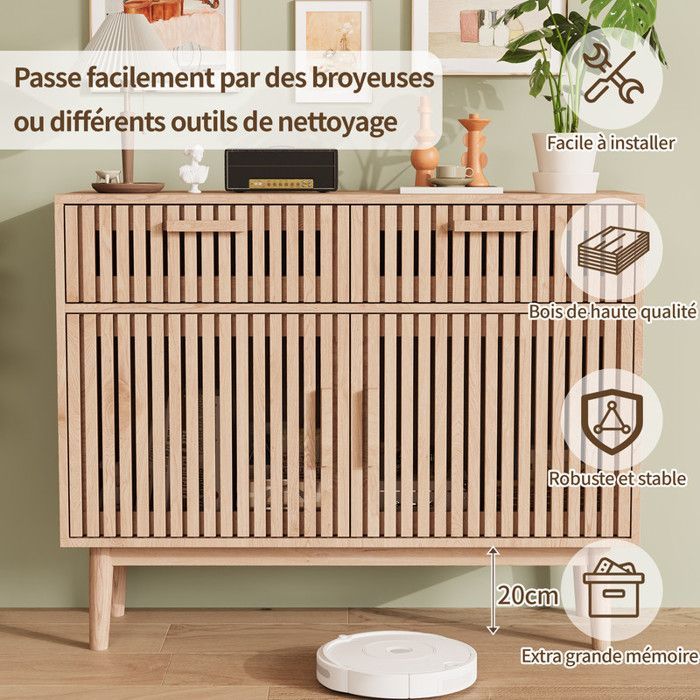 Buffet - Design Moderne - Bois Massif - 2 Portes - 2 Tiroirs - Sécurité Enfant