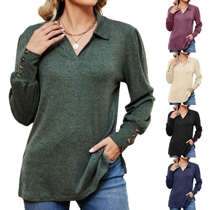Pull Femme Manches Longues Avec Boutons Pullover Lâche Tops Col V Couleur Unie Pour Printemps Et Automne - Taille EU - Abricot