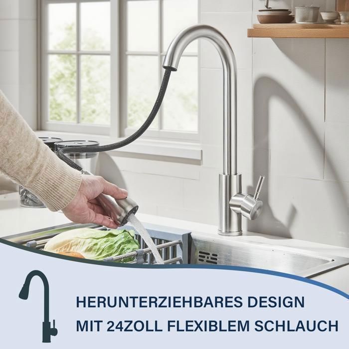 Kitchen Faucet - Kitchen Mixer Tap - 360° Swivel - with Pull-Out Spray Head - 2 Spray Patterns - Nickel