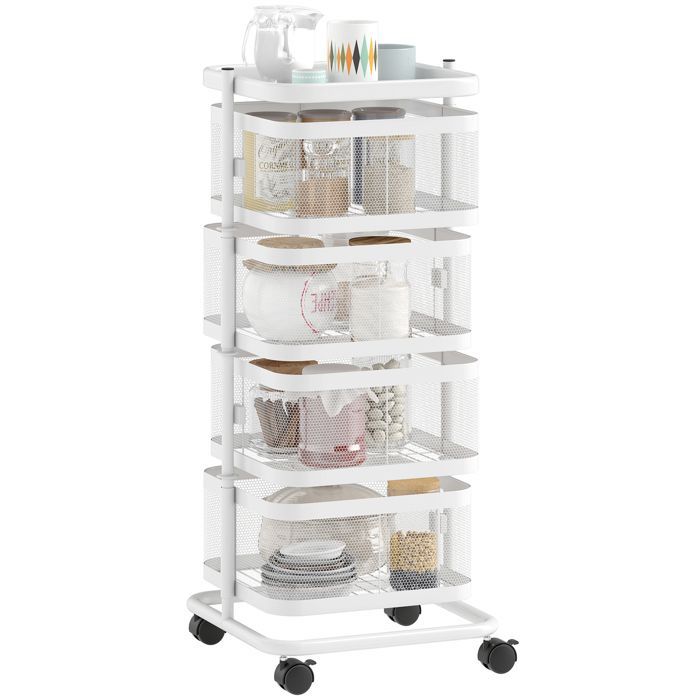 Groenterek - HOMCOM - 4 draaibare manden op wielen - lade - draadrek - 33x33x77cm - wit