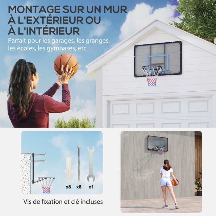 Panier de basketball - SPORTNOW - mural avec panier spécial filet toutes saisons intérieur extérieur - acier - 113x73cm - noir