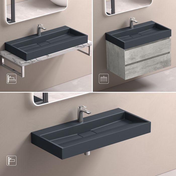 Lavabo mural Doporro con desagüe, lavabo de encimera, gris mate/negro, 100x46x11cm, lavabo rectangular con orificios para taladrar, Colossum19