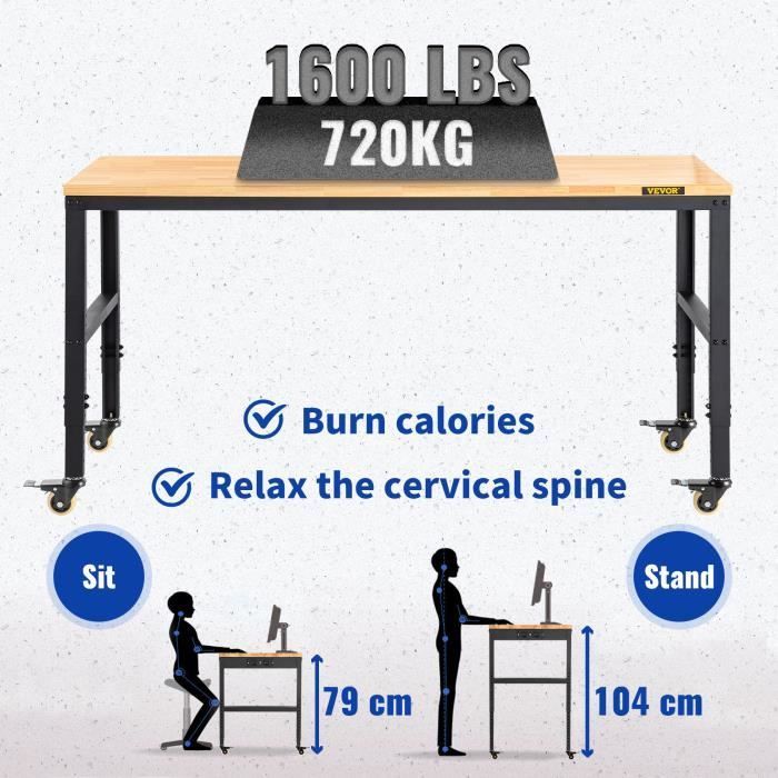 Banco de trabajo VEVOR para taller o garaje, mesa de trabajo ajustable con 4 ruedas, 122 x 51 cm.