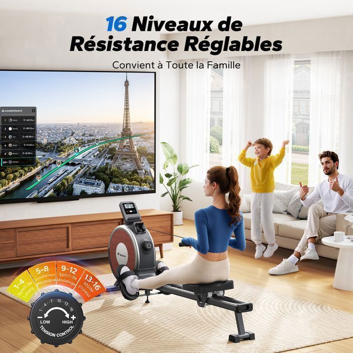 Vogatore da interno – MERACH – 16 livelli di resistenza magnetica – Portata massima 160 kg – Schermo LCD – Compatibile con Kinomap – Grigio scuro