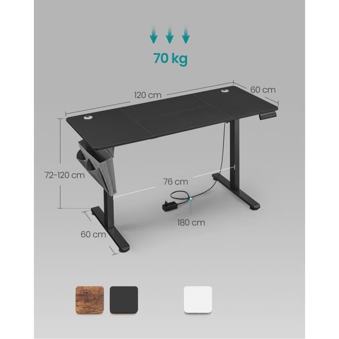 Escritorio eléctrico regulable en altura - SONGMICS - 60 x 120 cm - 4 alturas programables - Negro tinta