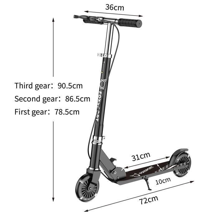 Children's Scooter - FOXSPORT - Foldable - 2 Flashing Wheels - Handbrake - 3-Level Adjustable Handlebar - 100 kg Load Capacity - Black
