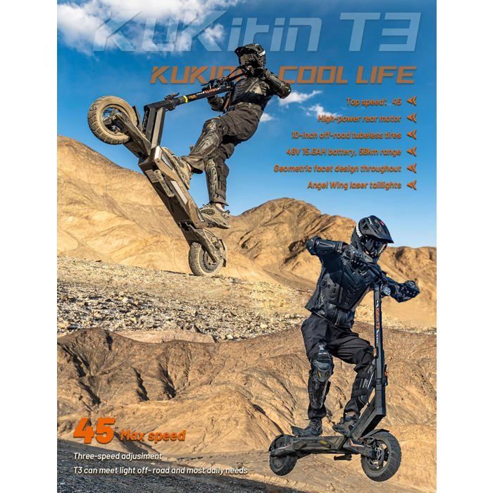 KuKirin T3 - Trottinette électrique - Moteur 800W - Batterie 48V 15.6Ah - Max 45 km/h - Pneus 10'' - Autonomie 55KM - Nior