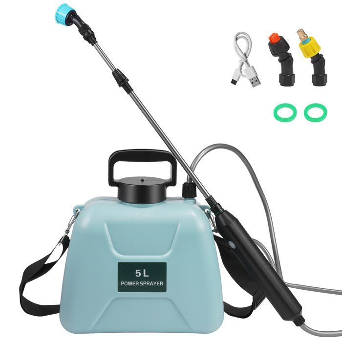 Spruzzatore elettrico da giardino TTLIFE con 3 ugelli regolabili, capacità 5 litri, ricaricabile tramite USB, ideale per giardinaggio, diserbo e lavaggio auto.