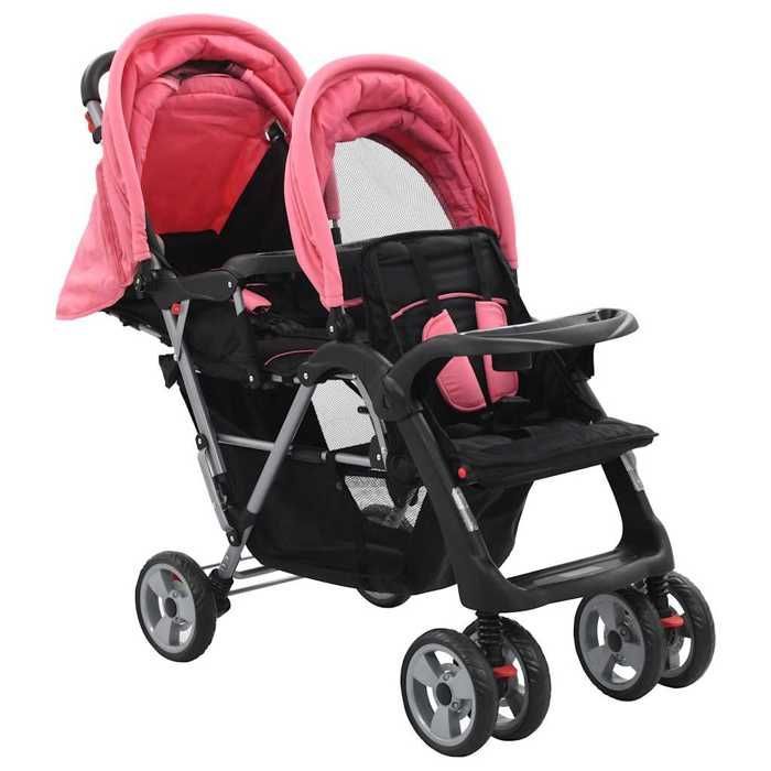 Poussette double - vidaXL - Rose et noir - Acier - Design pliable