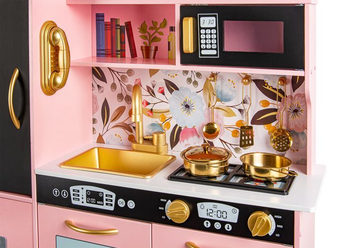 MEMO Roze Houten Keuken voor Kinderen: Realistische Licht- en Geluidseffecten, Gouden Accessoires! Leuk en leerzaam!