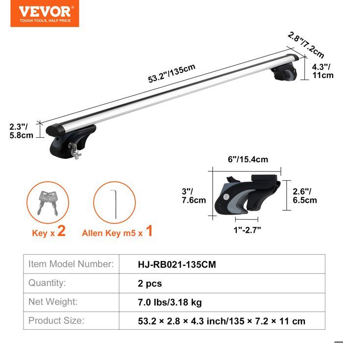 Barras transversales de techo universales VEVOR - 135 cm - Barras de techo de aluminio para coches - para SUV, sedanes y furgonetas