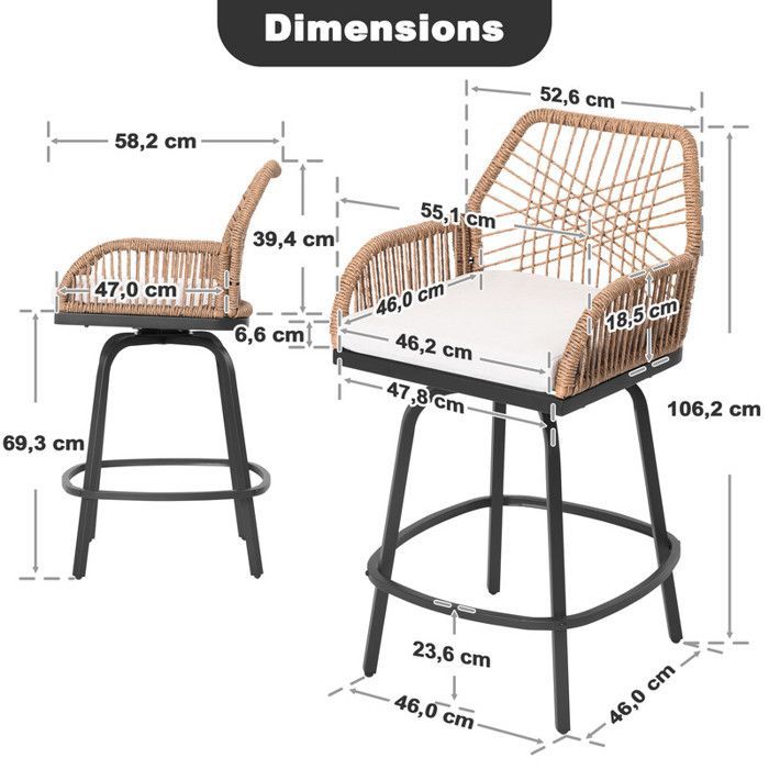 Juego de 2 taburetes giratorios de exterior Avestar – Ratán tejido beige – Respaldo alto y reposapiés – Patio, jardín, balcón