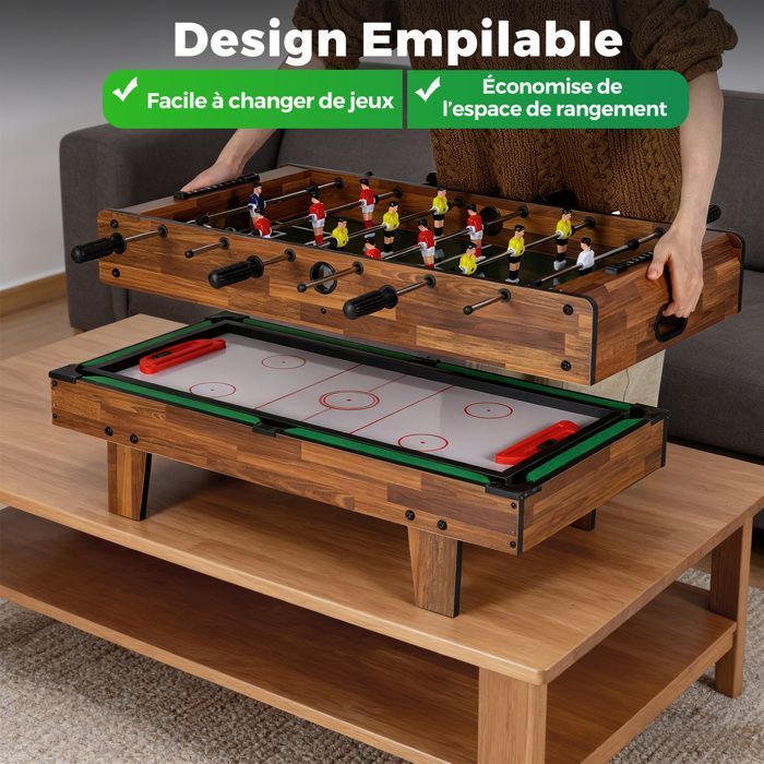 Table de Baby-foot 4 en 1 COSTWAY-Billard,Ping-Pong,Hockey-Accessoires Complets-Plateau Empilable-81 x 43 cm-Maison,Bar-Marron