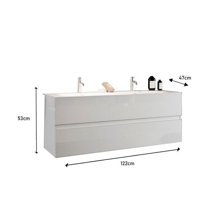 Wandhängender Waschtisch mit zwei Waschbecken und zwei Schubladen, Kollektion VIENNE. Hochglanzweiße Oberfläche.