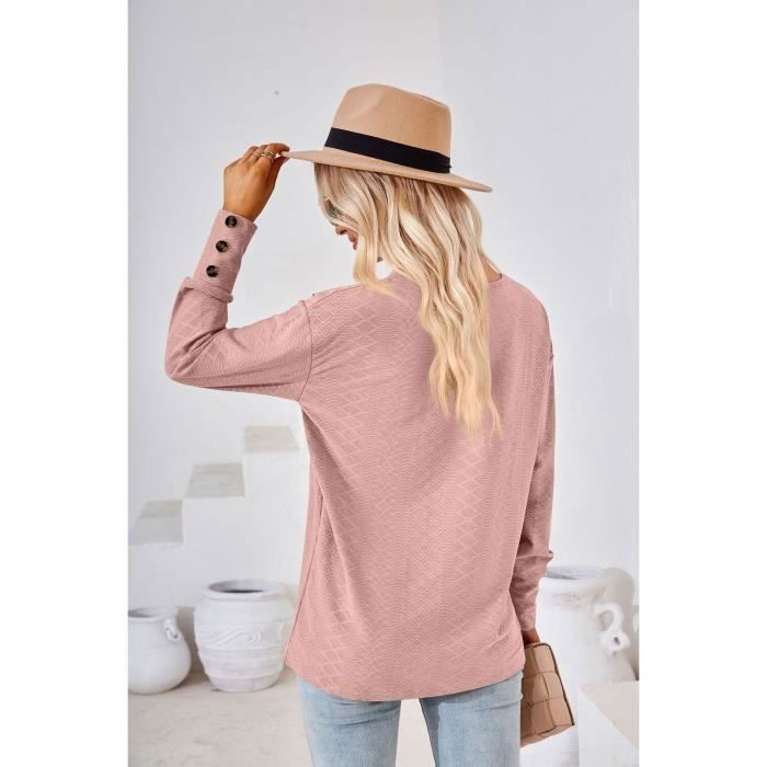 Maglia da donna a maniche lunghe, ampia, con scollo a V e chiusura a bottoni, tinta unita, ideale per primavera e autunno - Taglia europea - Rosa chiaro