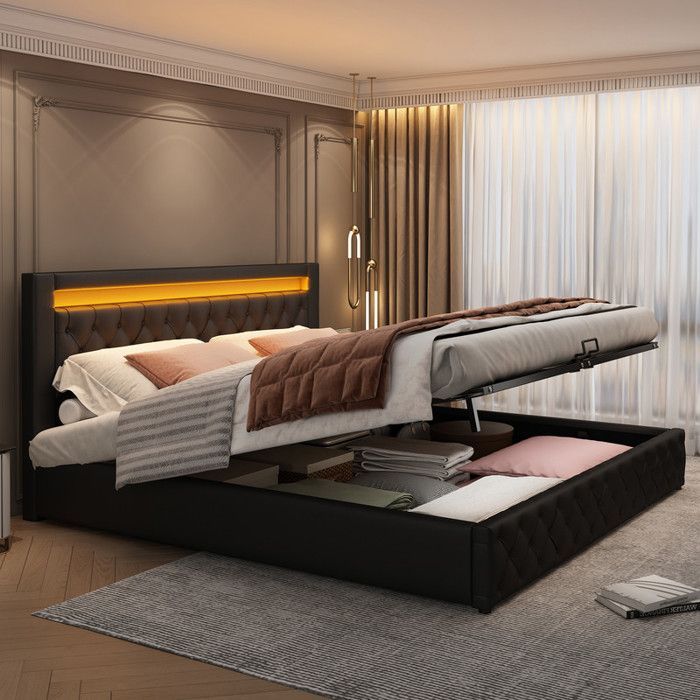 Letto matrimoniale 180x200 cm - PU - Illuminazione a LED - Sistema di contenimento idraulico - 2 posti nero