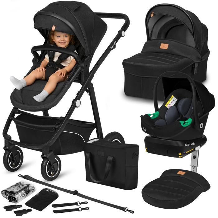 Sistema de viaje 4 en 1 LIONELO Bianka - Hasta 22 kg - Incluye silla de paseo, capazo, silla de coche, base ISOFIX, bolso y accesorios - Negro