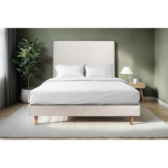 Base de cama Bouclette Bege 160x200 A29cm - Base de cama em madeira maciça com pés cônicos de madeira de 15cm