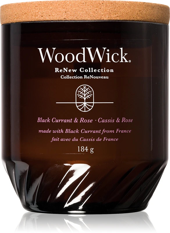 Dišeča sveča Woodwick z vonjem črnega ribeza in vrtnice