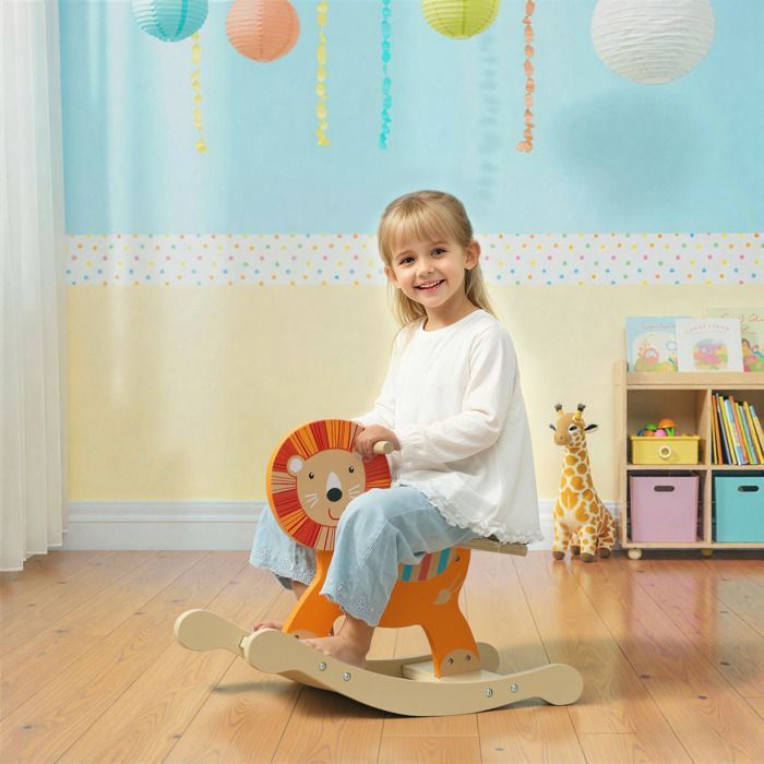 Caballo balancín infantil - AIYAPLAY - Manillar y base estables - Madera - 59 x 27 x 43 cm - Naranja