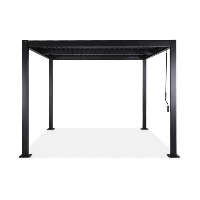 Pérgola bioclimática negra. Aluminio y acero. 3x3 m. Lamas ajustables.