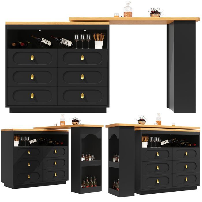 Buffet de Cuisine industriel Extensible,Armoire de Cuisine Pivotante à 360°,6 Tiroirs 137-203x39x90cm,Buffet Salon Rangement，Noir