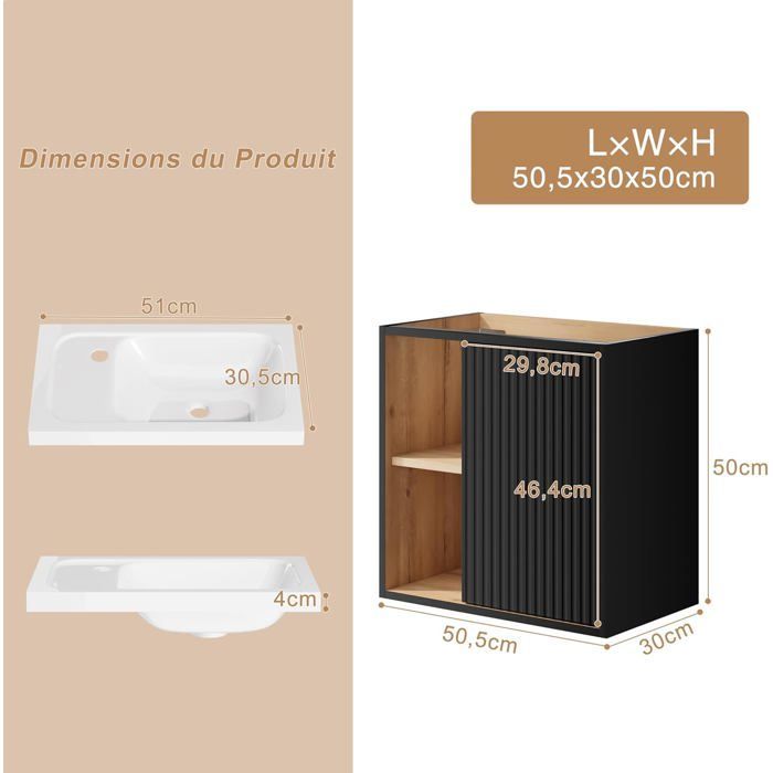 GOOBUY Móvel para Lavatório de 51cm, Móvel de Parede, Lavatório em Resina, Espaço de Armazenamento Oculto/Aberto, Padrão de Linhas, Preto