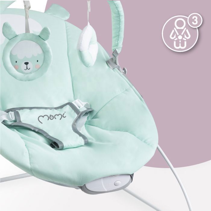 MoMi GLOSSY – Sdraietta leggera per neonati con modulo sensoriale – 8 melodie – 3 livelli di vibrazione – Giocattoli – Lama verde