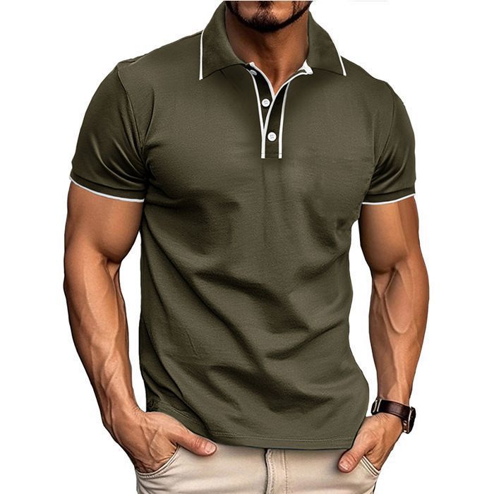 Men's Short Sleeve Summer Polo Shirt, Regular Fit, Casual, Elegant, Lapel Collar, Contrasting Colour - EU Size - Military Green