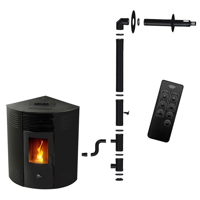 Poêle à granulés d'angle étanche Iseos 12,2 kW Noir Sannover + Kit d'installation