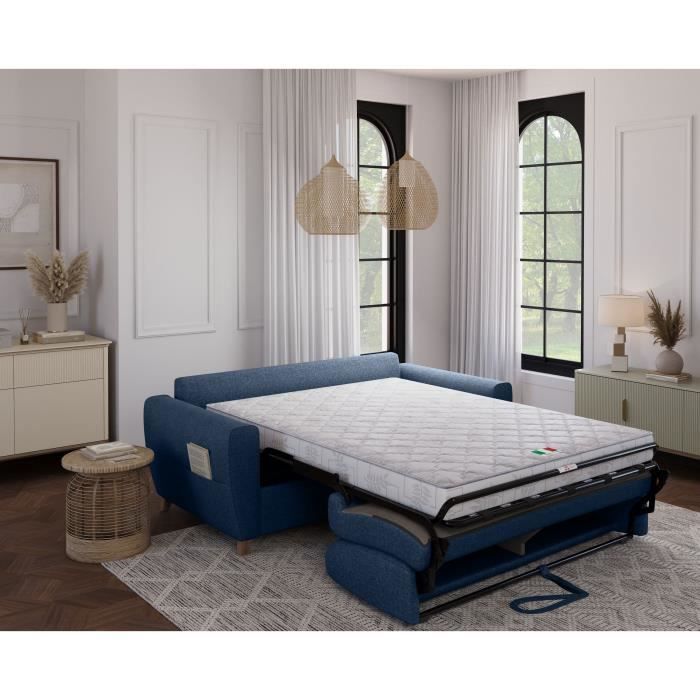 Sofá-cama conversível SKY de 3 lugares - Tecido azul - Colchão de 14 cm - 192 x 100 x 88 cm