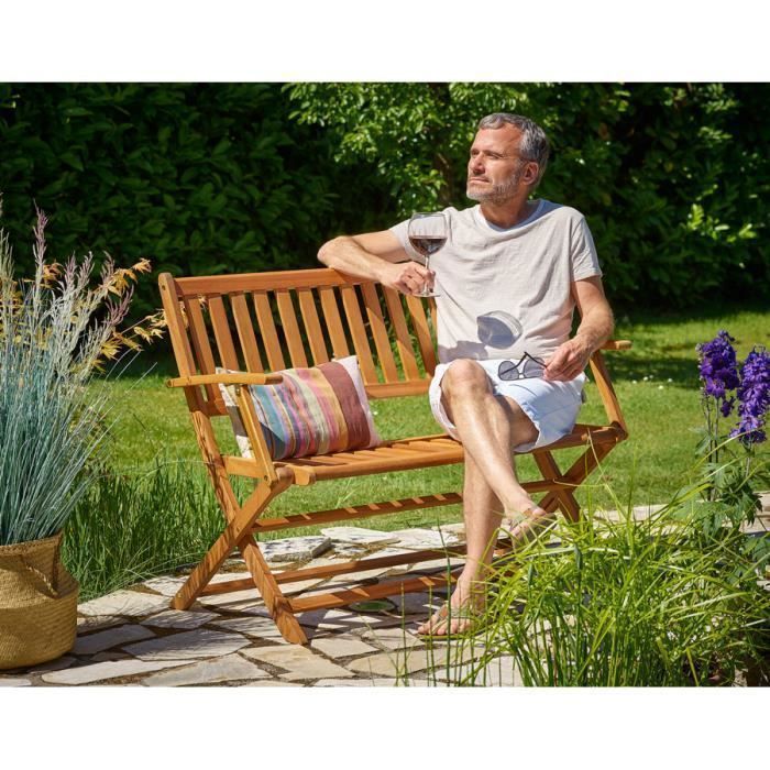 Banco de jardín plegable, madera de eucalipto con certificación FSC®, 2 plazas, 4 patas resistentes, banco de madera preaceitado para patio, balcón y otros muebles.
