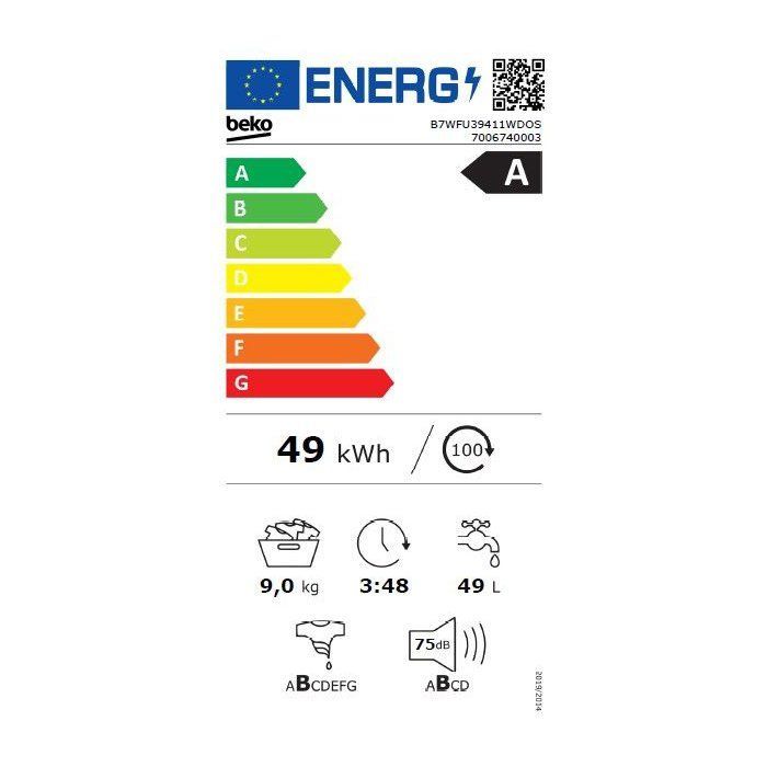 Lavatrice a carica frontale BEKO B7WFU39411WDOS serie bPro 700 - 9 kg - Induzione - Larghezza 60 cm - 1400 giri/min - Classe energetica A - Dosaggio automatico - Bianca