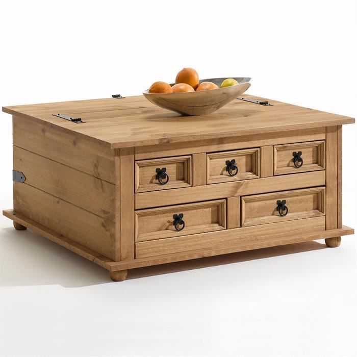 Table basse coffre rangement TEQUILA - IDIMEX - Pin massif - Style mexicain - 5 tiroirs - Coffre de rangement