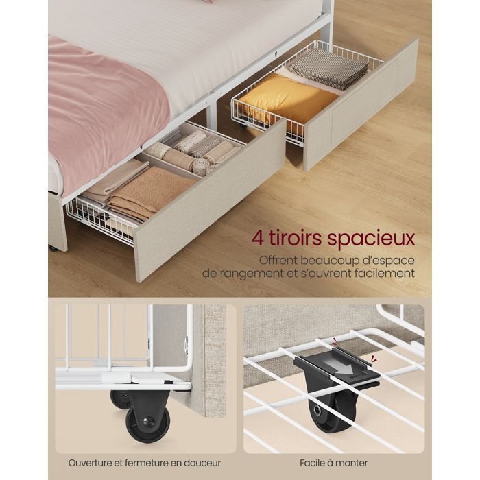 Lit double - VASAGLE - LED intégrée - 4 tiroirs - Beige cappuccino - Tête ajustable