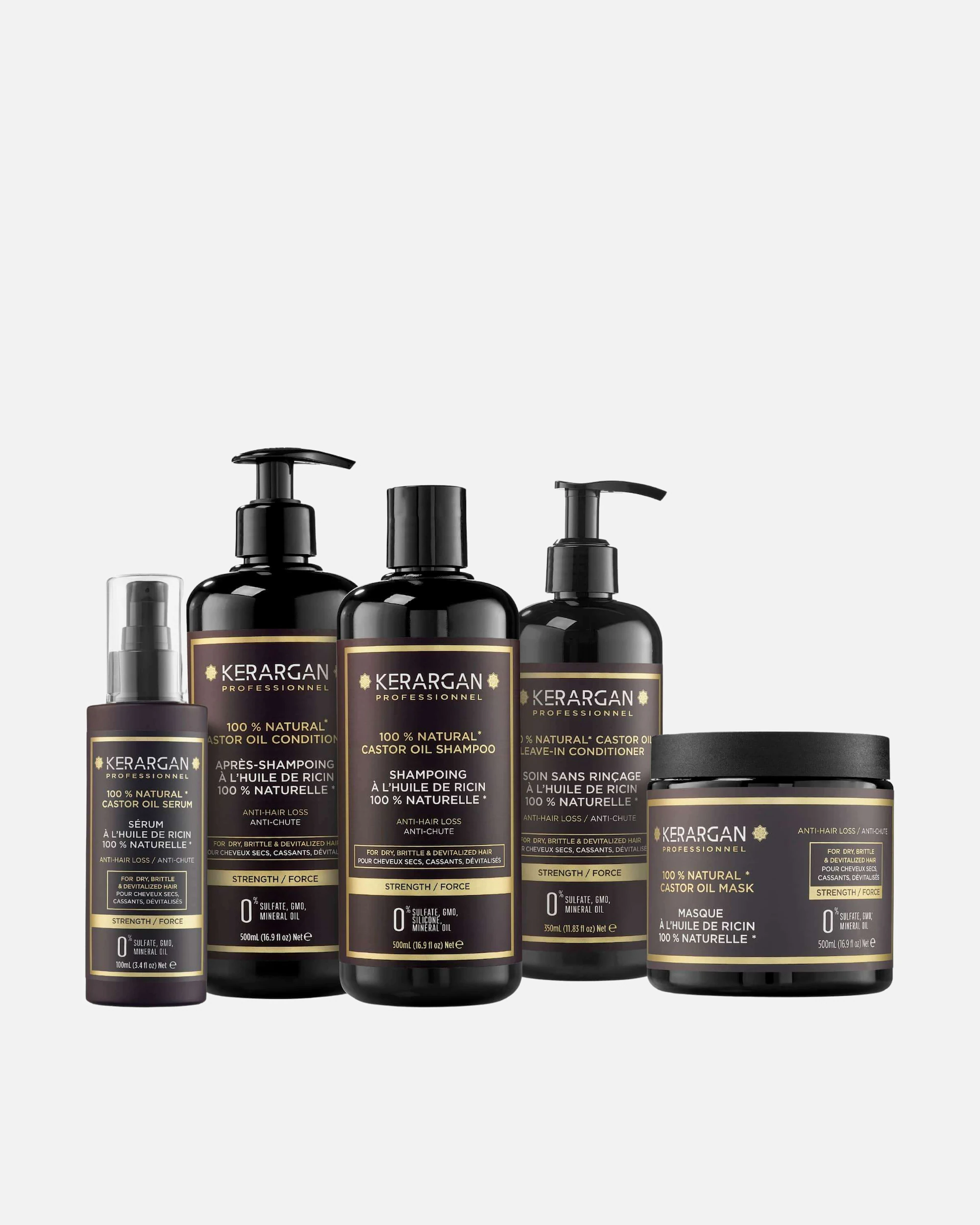 Kerargan Kerargan - Ensemble Anti-Chute Shampoing, Après-shampoing, Masque, Sérum & Leave-In à l’Huile de Ricin