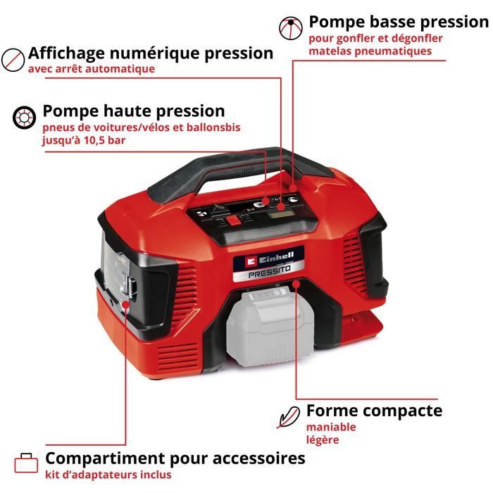 Compresor inalámbrico Einhell PRESSITO 18/21 Power X-Change (18 V, apagado automático). Se suministra sin batería ni cargador.