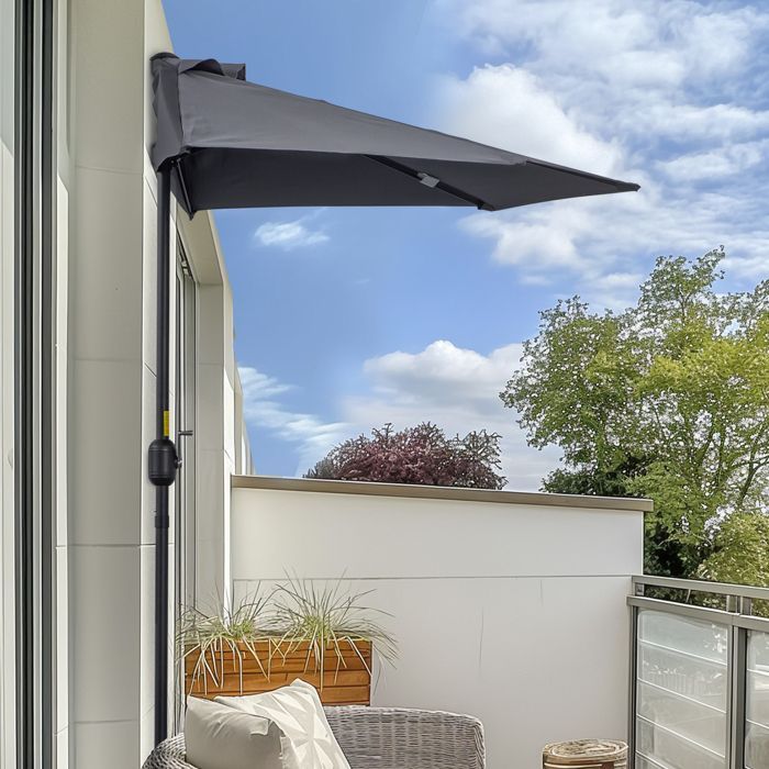 Halfparasol - Outsunny - met draaihendel openen en sluiten - Metaal, 180 g/m² polyester - 269x138x236cm - grijs
